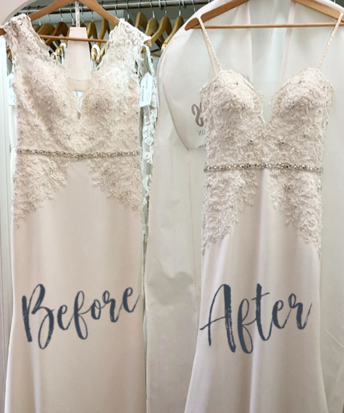 Vintage Wedding Dress before and after alteration. Altered dress